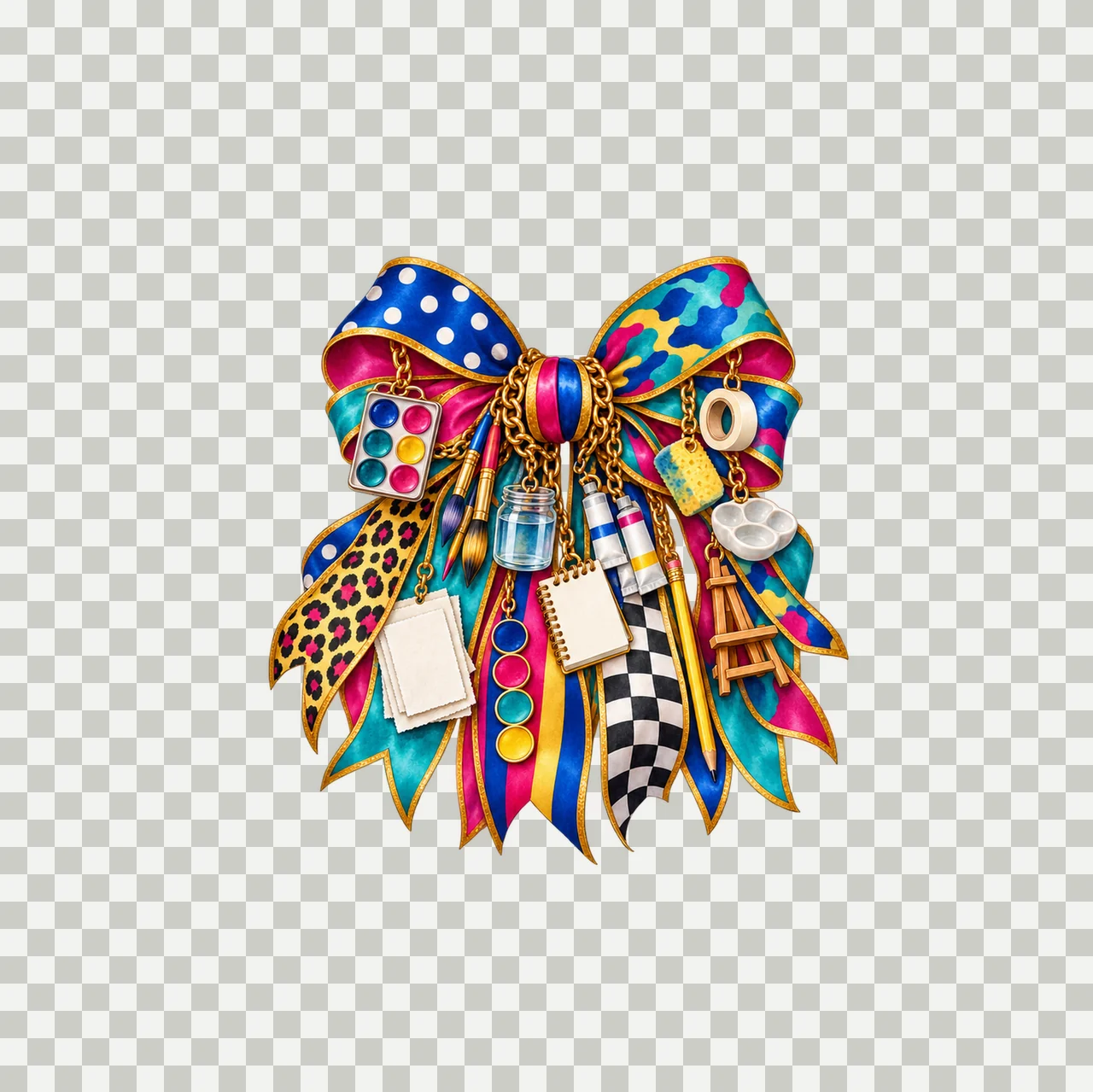 Watercolor Artist Bow Charm PNG, Gold Chain Charms, Transparent Sublimation Design, Digital Download transparency and detail preview thumbnail