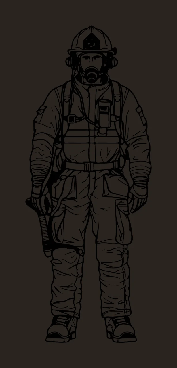 Firefighter In Protective Gear Standing Straight helmet respirator contrast preview thumbnail