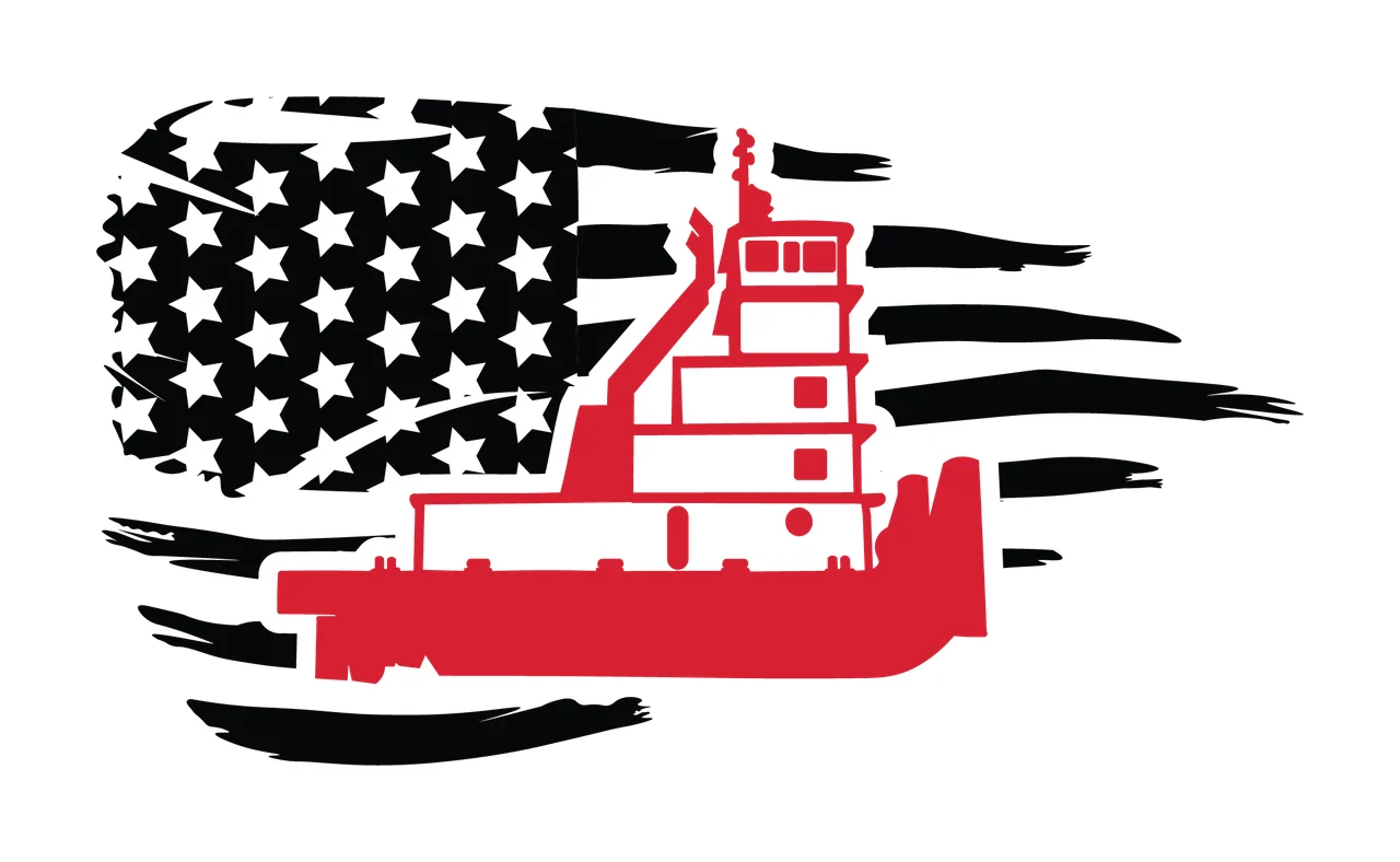 Boat Tugboat Silhouette On American Flag stars stripes black