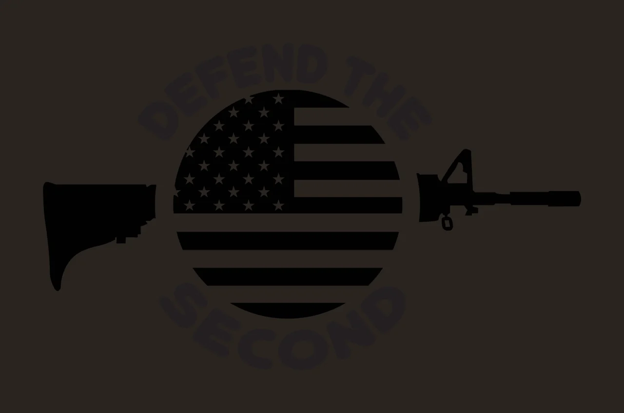 DEFEND THE SECOND Typography Design with black firearm silhouette left, black firearm silhouette right, American flag with stars and stripes in circle and text 'DEFEND THE' curved above in white contrast preview thumbnail