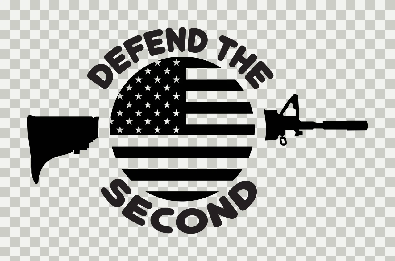 DEFEND THE SECOND Typography Design with black firearm silhouette left, black firearm silhouette right, American flag with stars and stripes in circle and text 'DEFEND THE' curved above in white transparency and detail preview thumbnail