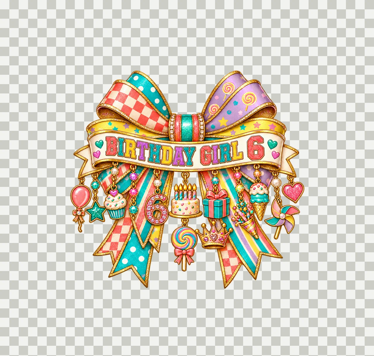 Birthday Girl 6 Bow Charm PNG, Patterned Coquette Bow Clipart, Transparent Sublimation Digital Download transparency and detail preview thumbnail