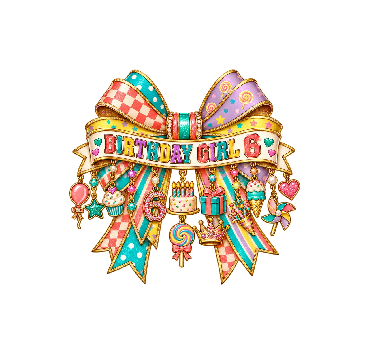 Birthday Girl 6 Bow Charm PNG, Patterned Coquette Bow Clipart, Transparent Sublimation Digital Download