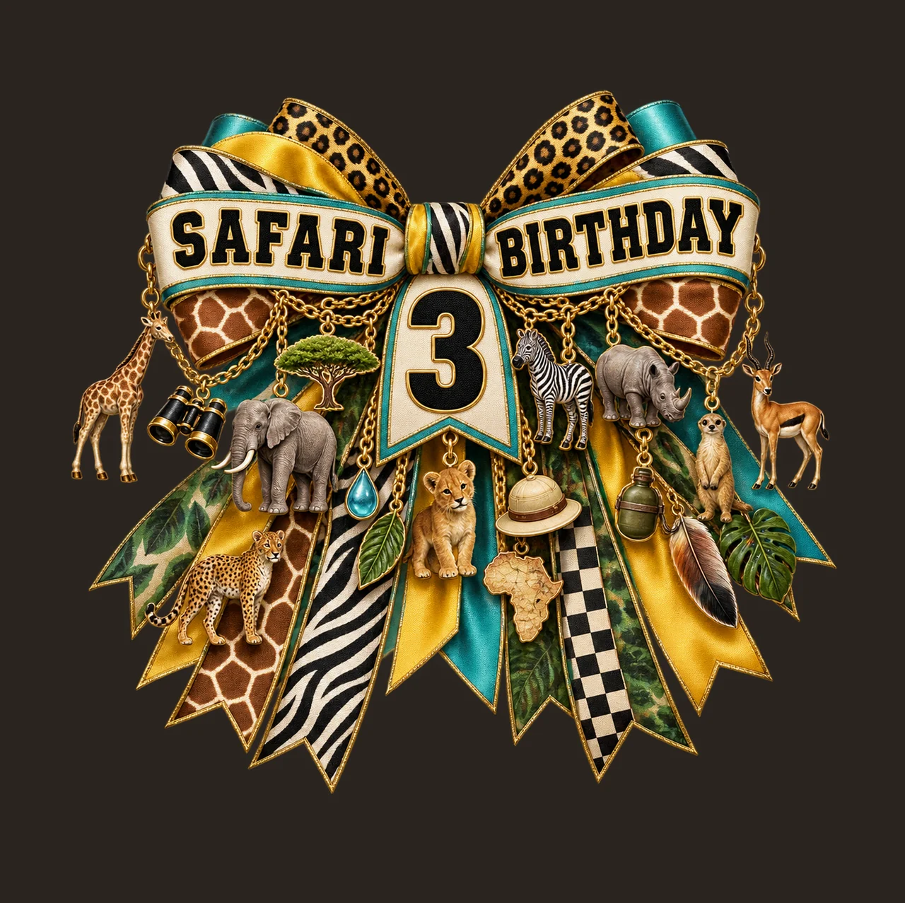 Safari Birthday 3 Bow Charm PNG, Jungle Animal Birthday Clipart, Transparent Sublimation Digital Download contrast preview thumbnail