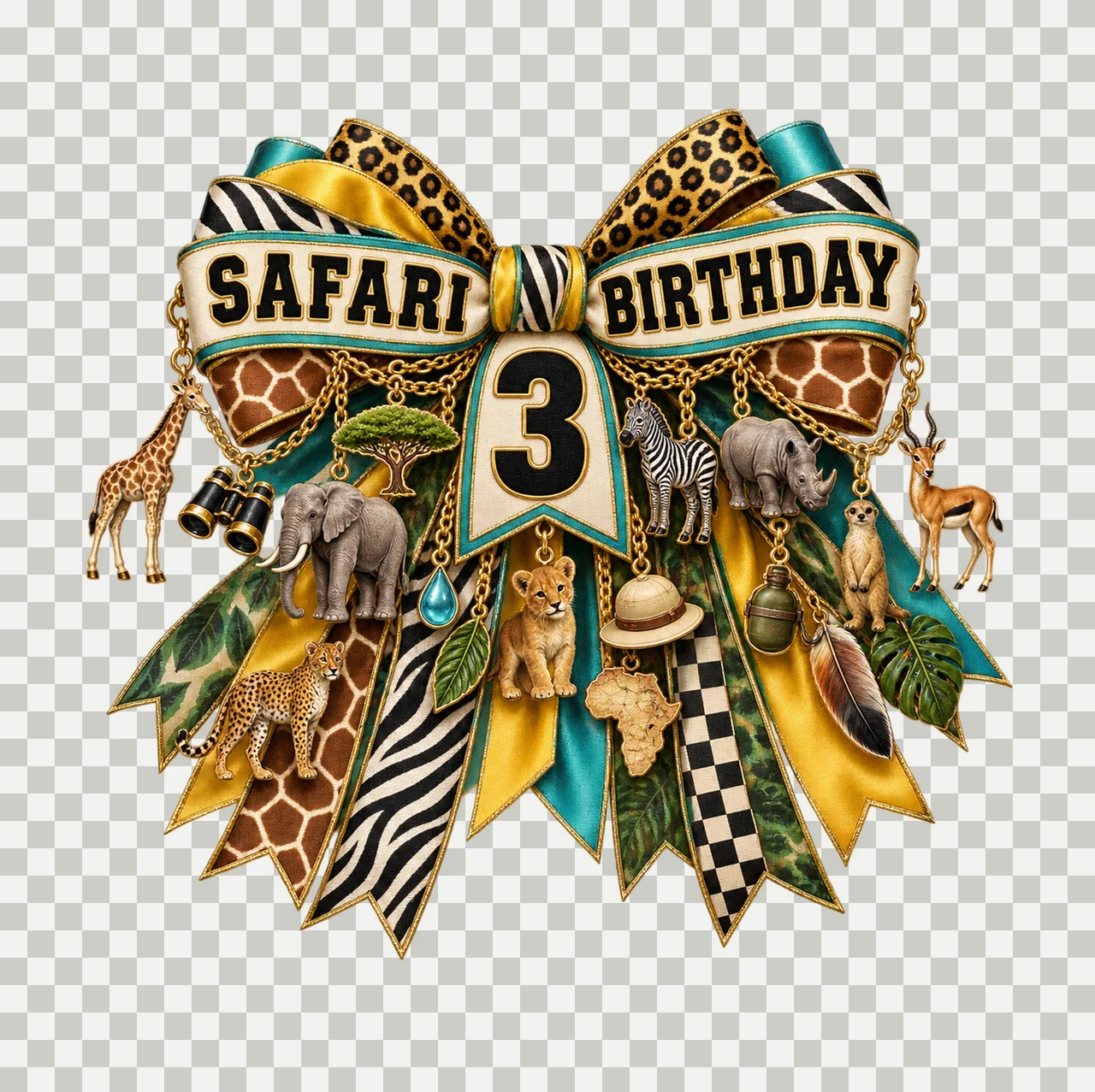 Safari Birthday 3 Bow Charm PNG, Jungle Animal Birthday Clipart, Transparent Sublimation Digital Download transparency and detail preview thumbnail