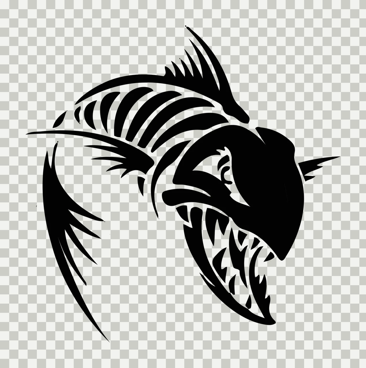 Aggressive Fish Skeleton Silhouette jumping teeth black white transparency and detail preview thumbnail