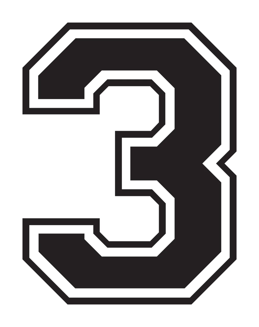3 Number Design with double outline, block font, varsity and athletic in black and white