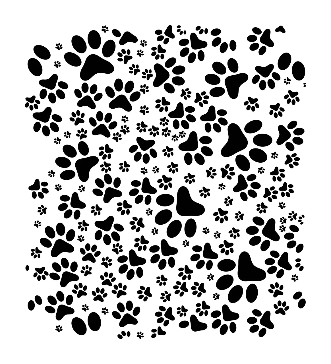 Silhouette Design of Paw print and footprint pattern with black paw prints, black footprints and white background
