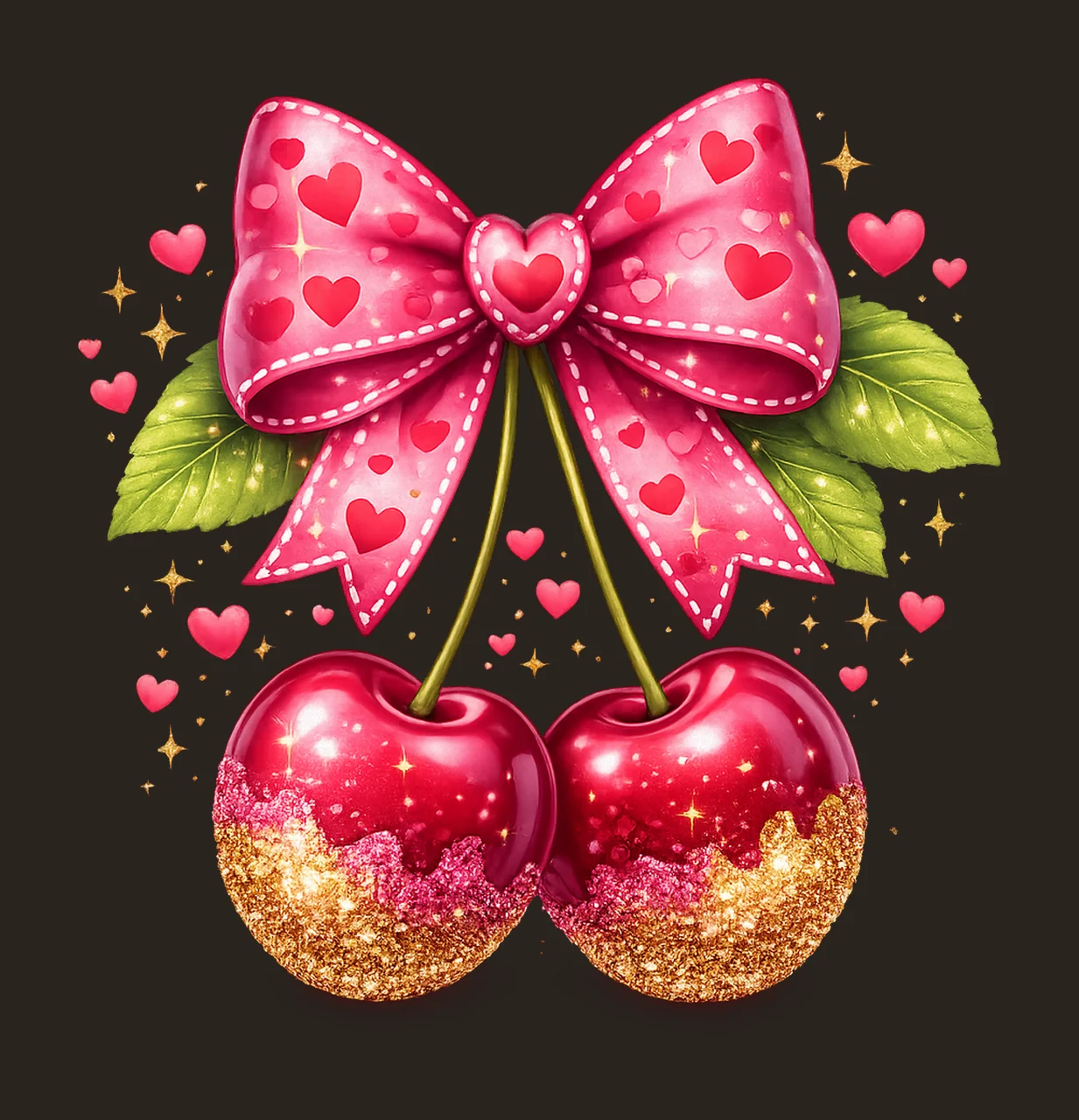 Coquette Cherry Glitter Pink Bow Artwork Girly Cherry Shirt contrast preview thumbnail