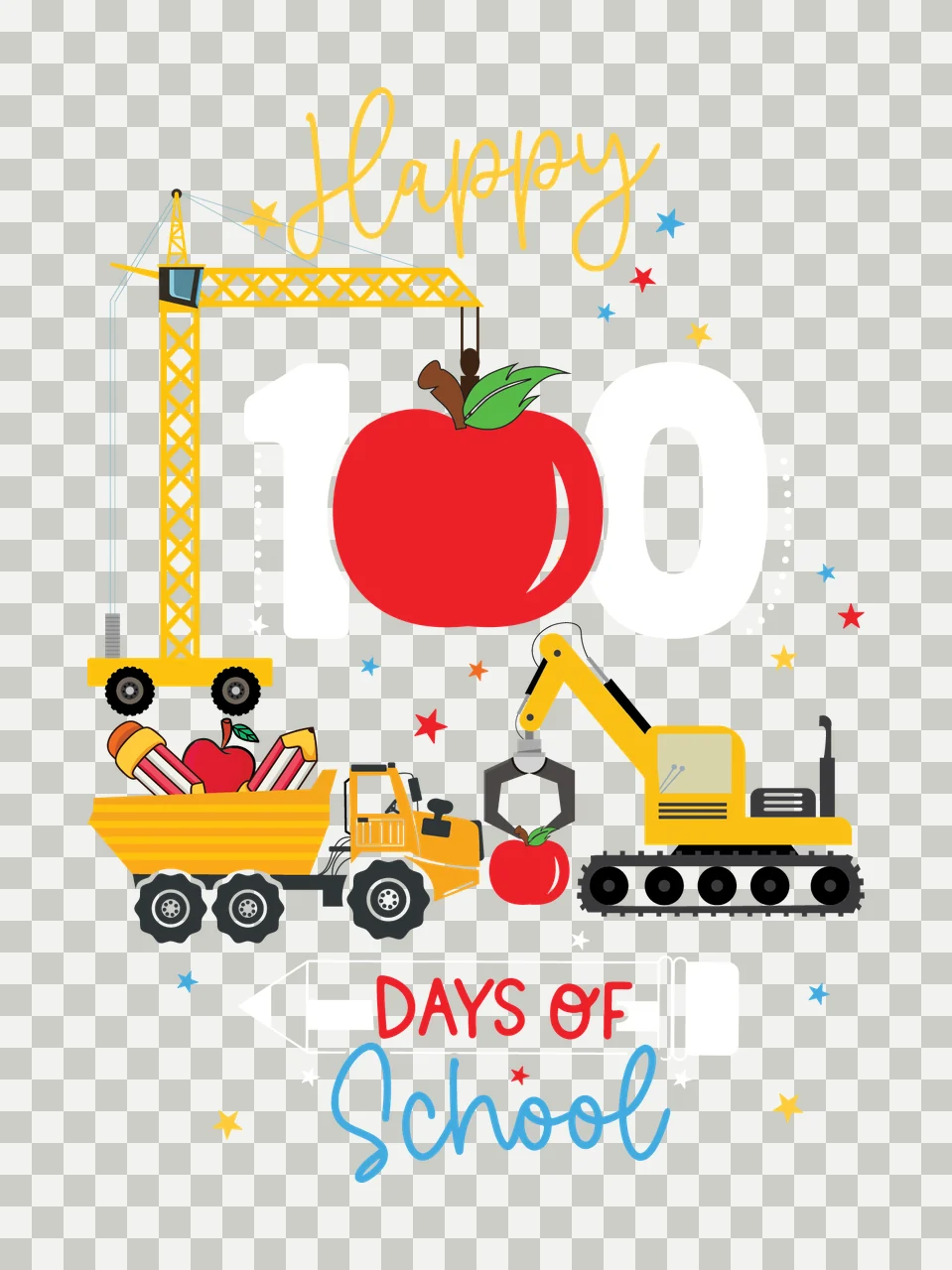 Happy 100 Days Of School Design Text and construction vehicles transparency and detail preview thumbnail