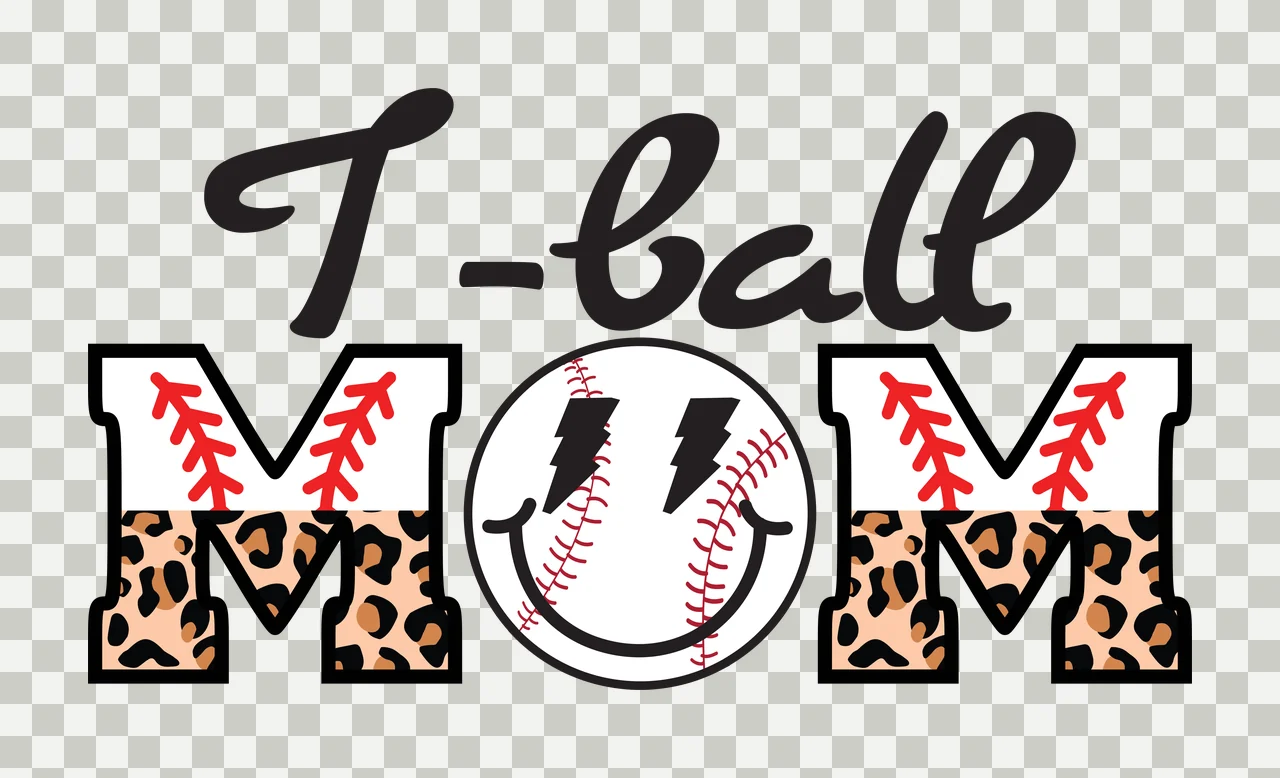 I-ball MOM Typography Design with black cursive 'I-ball', leopard-print 'M' letters with red baseball stitching, circular smiley face with black lightning bolts and red baseball stitching and black transparency and detail preview thumbnail
