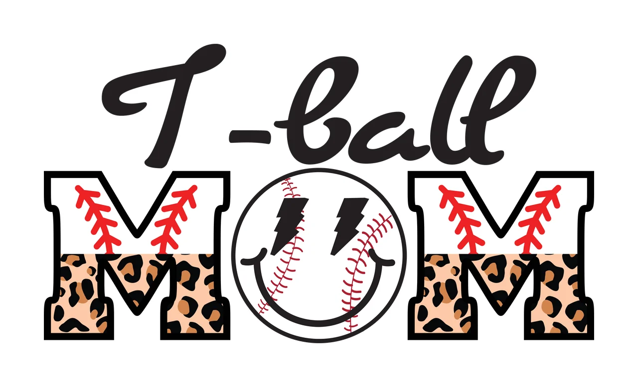 I-ball MOM Typography Design with black cursive 'I-ball', leopard-print 'M' letters with red baseball stitching, circular smiley face with black lightning bolts and red baseball stitching and black