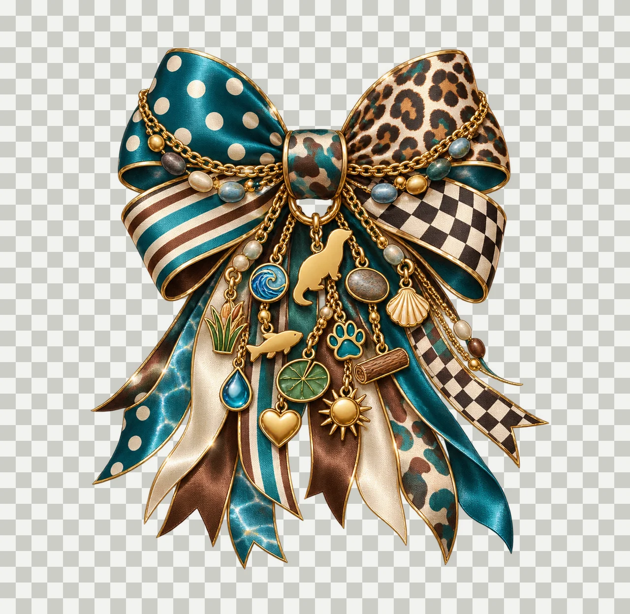 Otter Lover Bow Charm PNG, Themed Gold Chain Charms, Coquette Ribbon Sublimation Design, Transparent Digital Download transparency and detail preview thumbnail