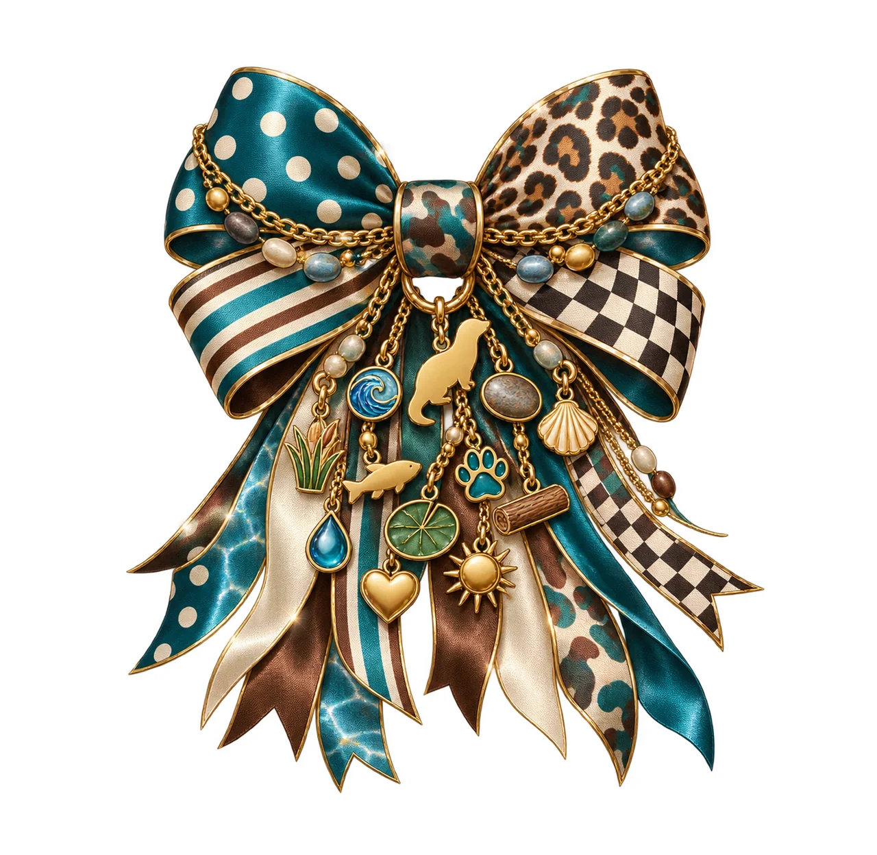 Otter Lover Bow Charm PNG, Themed Gold Chain Charms, Coquette Ribbon Sublimation Design, Transparent Digital Download