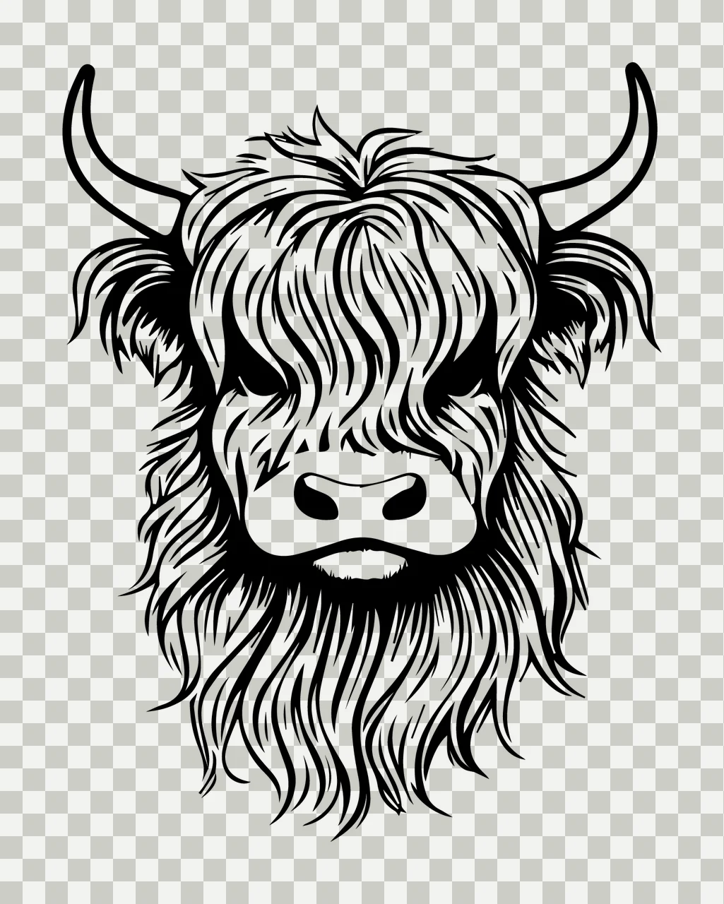 Hairy Bovine Animal Head Illustration facing forward horns transparency and detail preview thumbnail