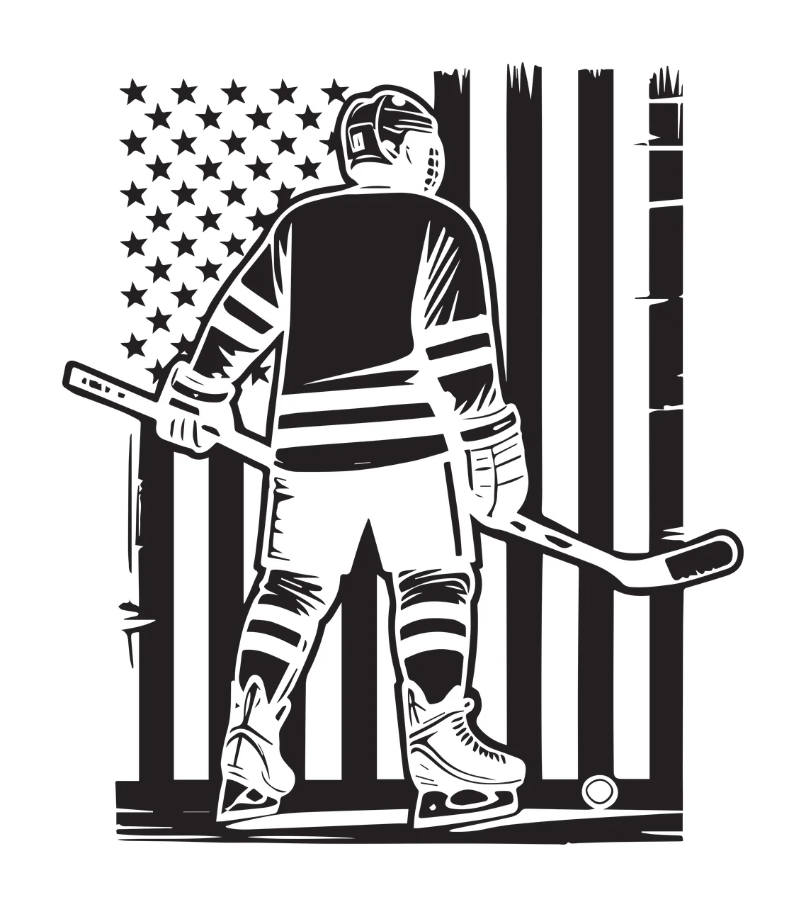 Hockey Player Ice With Flag Background standing stick jersey