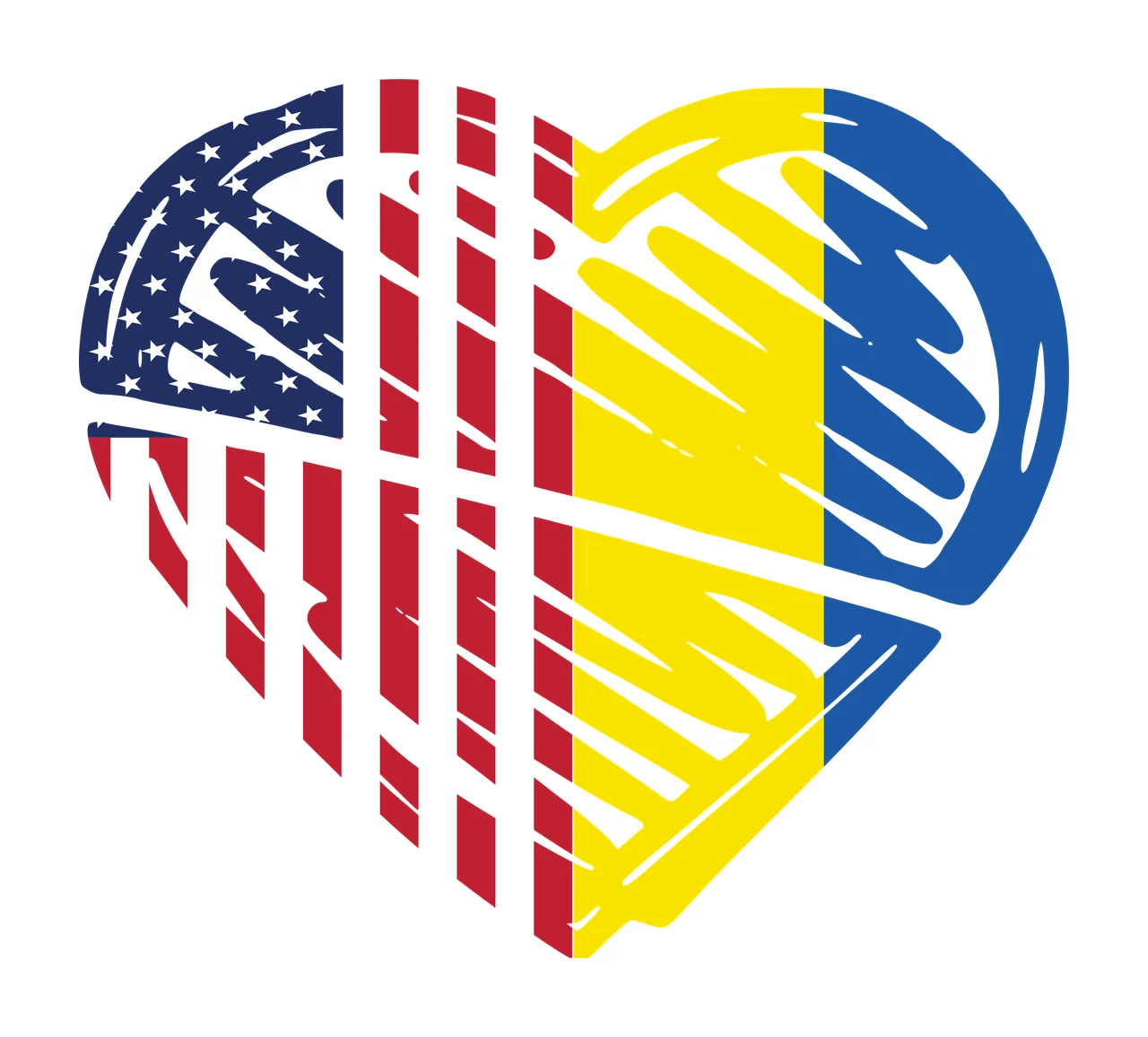 Heart-shaped design with American and Romanian flags with heart shape, American flag pattern and white vertical and horizontal stripes in blue, red and yellow
