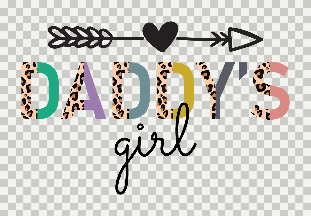 DADDY'S girl typography with tribal arrow, heart icon, block letters and script text in black, green and purple transparency and detail preview thumbnail