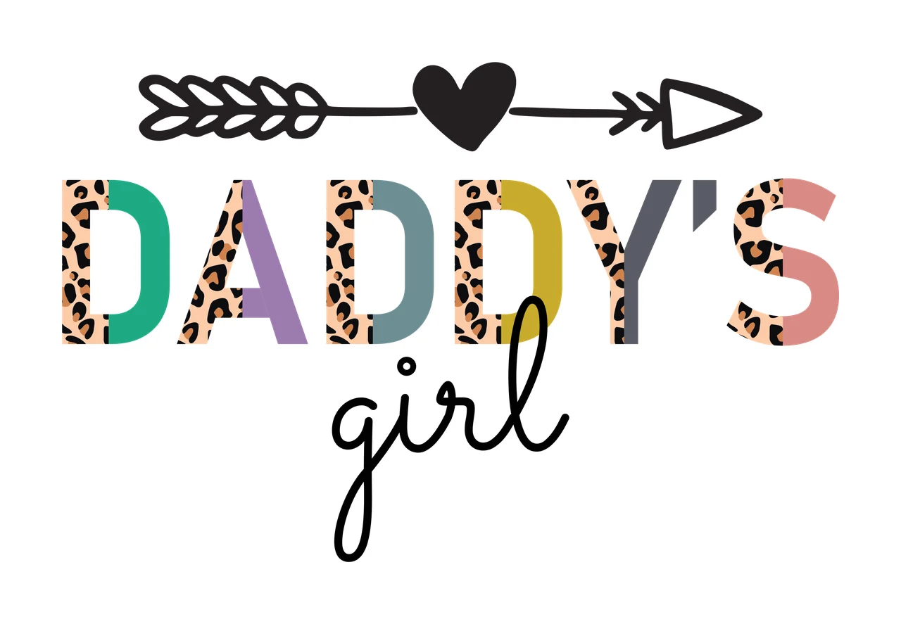 DADDY'S girl typography with tribal arrow, heart icon, block letters and script text in black, green and purple
