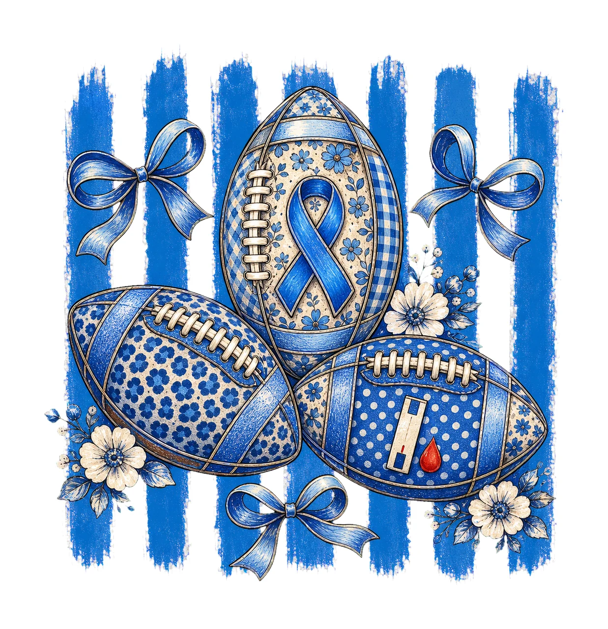 Diabetes Awareness Football Blue Floral Ribbon Variation D