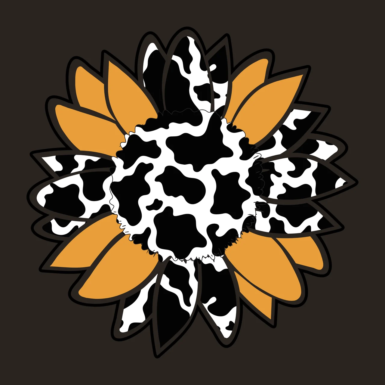Sunflower Illustration with sunflower petals, cow print pattern, central disk and black outlines in white and mustard yellow contrast preview thumbnail