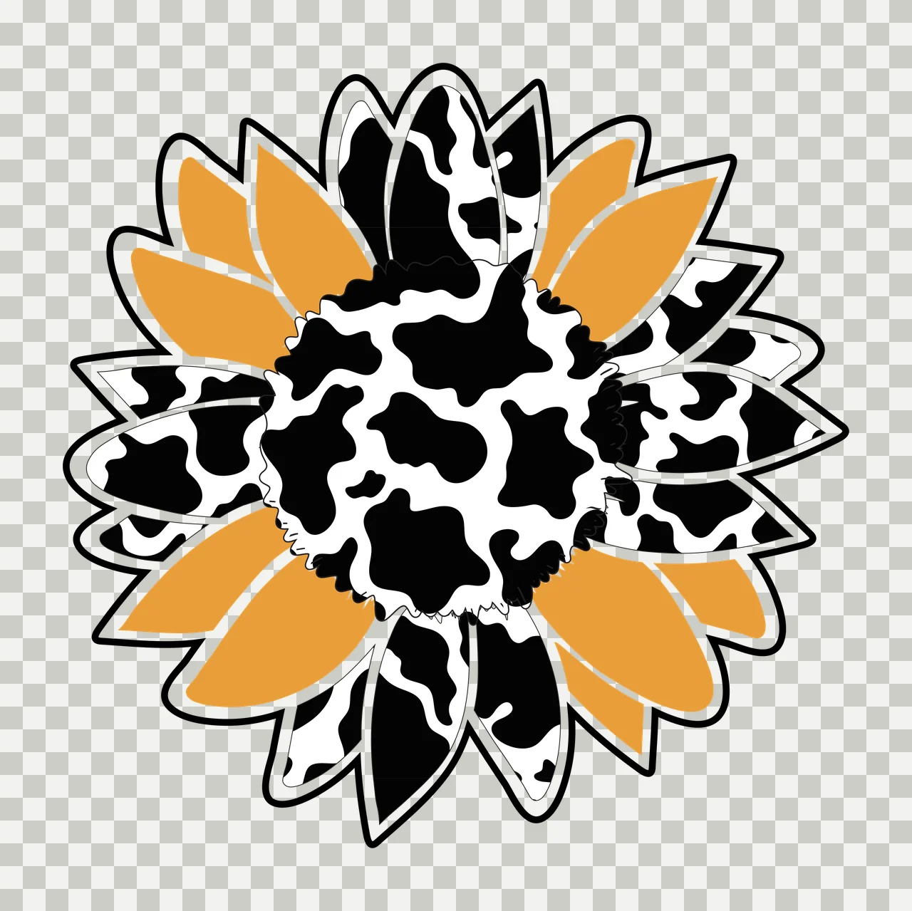 Sunflower Illustration with sunflower petals, cow print pattern, central disk and black outlines in white and mustard yellow transparency and detail preview thumbnail