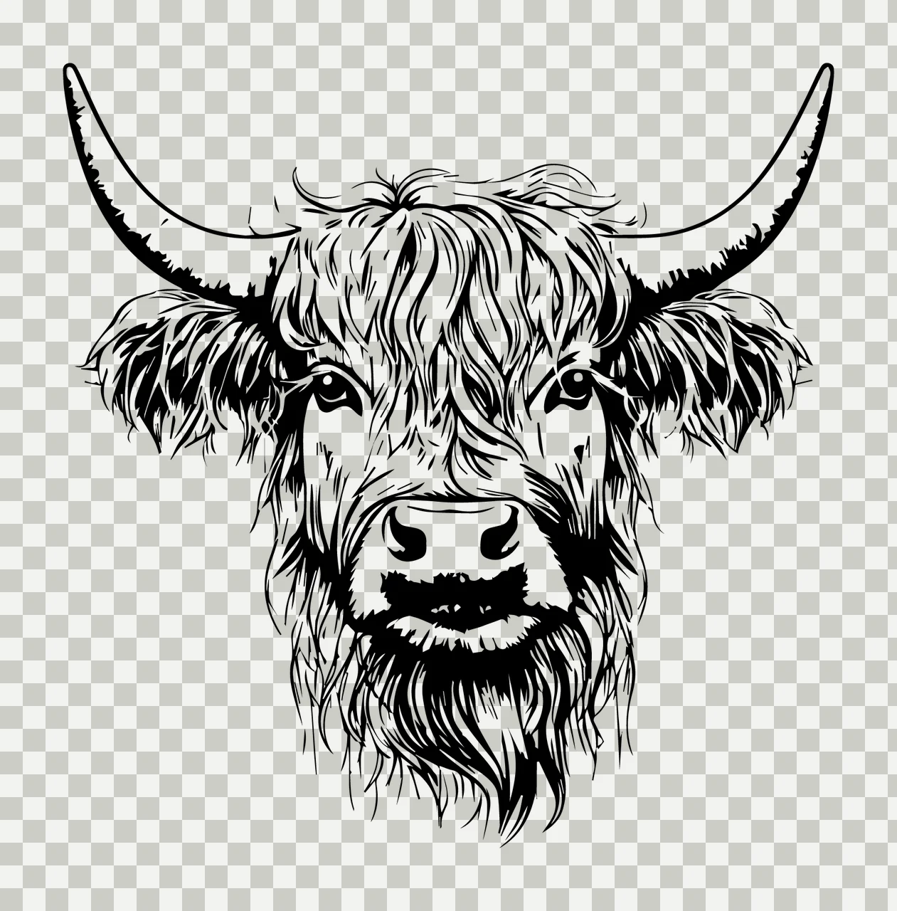 Highland Cow Head Front View facing forward horns shaggy fur transparency and detail preview thumbnail
