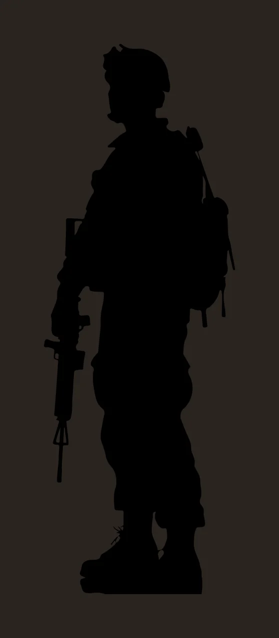 A Dark Silhouette Of Standing Soldier Holding Rifle backpack contrast preview thumbnail