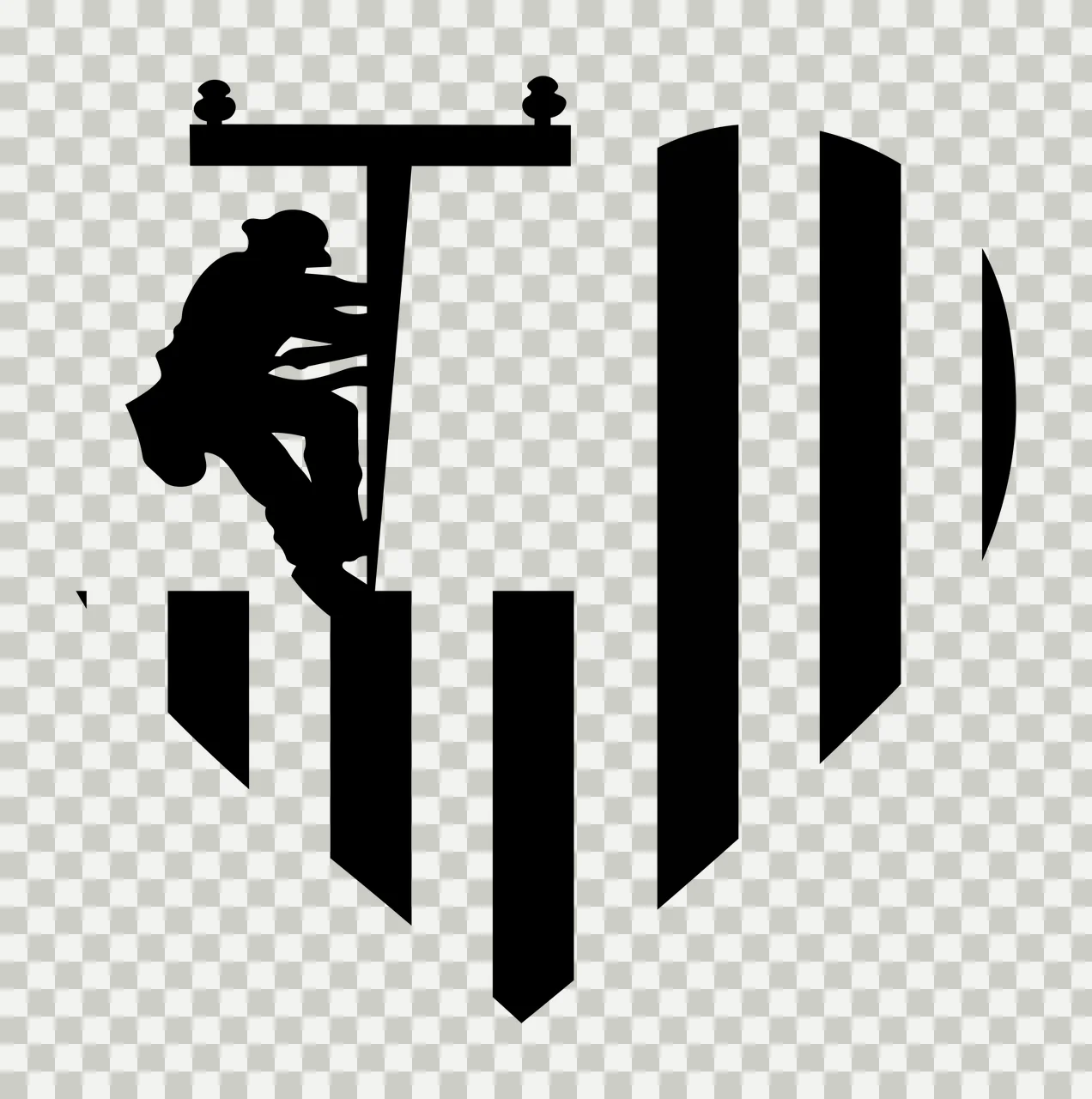 Lineworker silhouette climbing utility pole Illustration with striped heart shape, vertical stripes and hard hat in black and white transparency and detail preview thumbnail