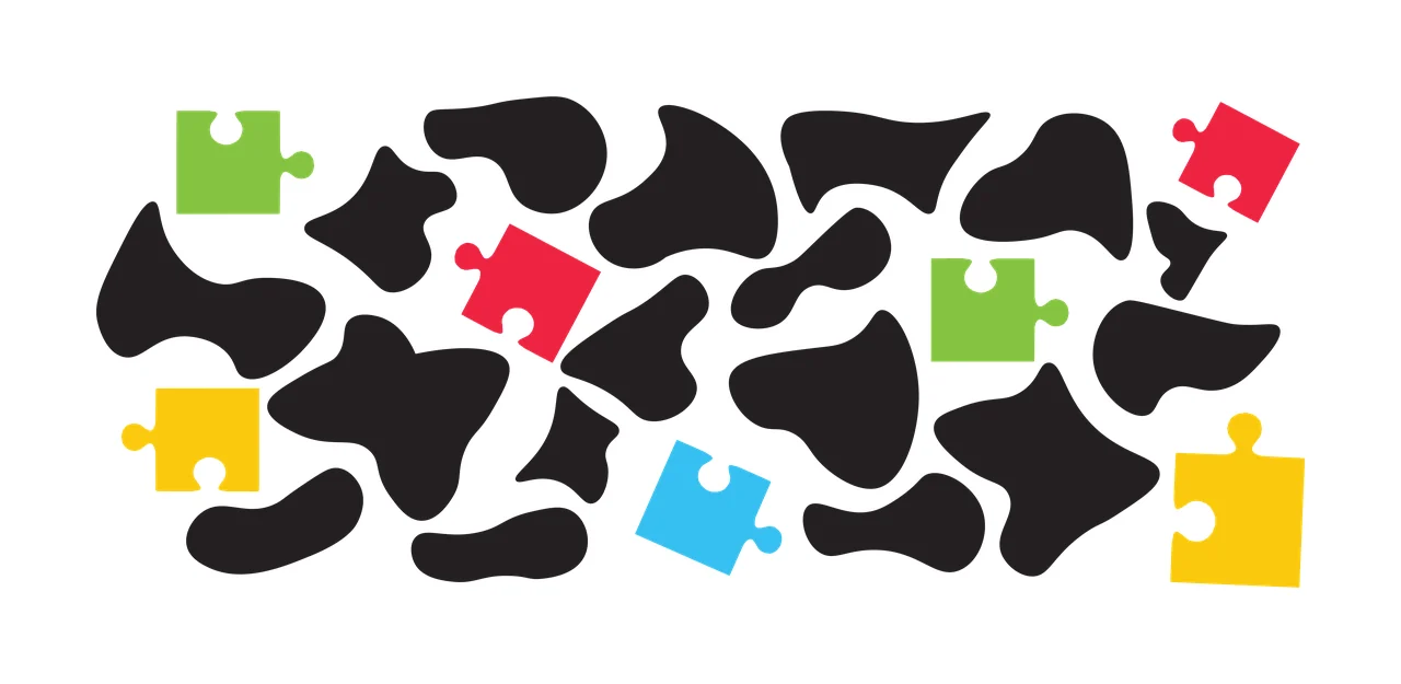 Abstract pattern with black organic shapes and colorful puzzle pieces Illustration with green puzzle piece, red puzzle piece, yellow puzzle piece and blue puzzle piece