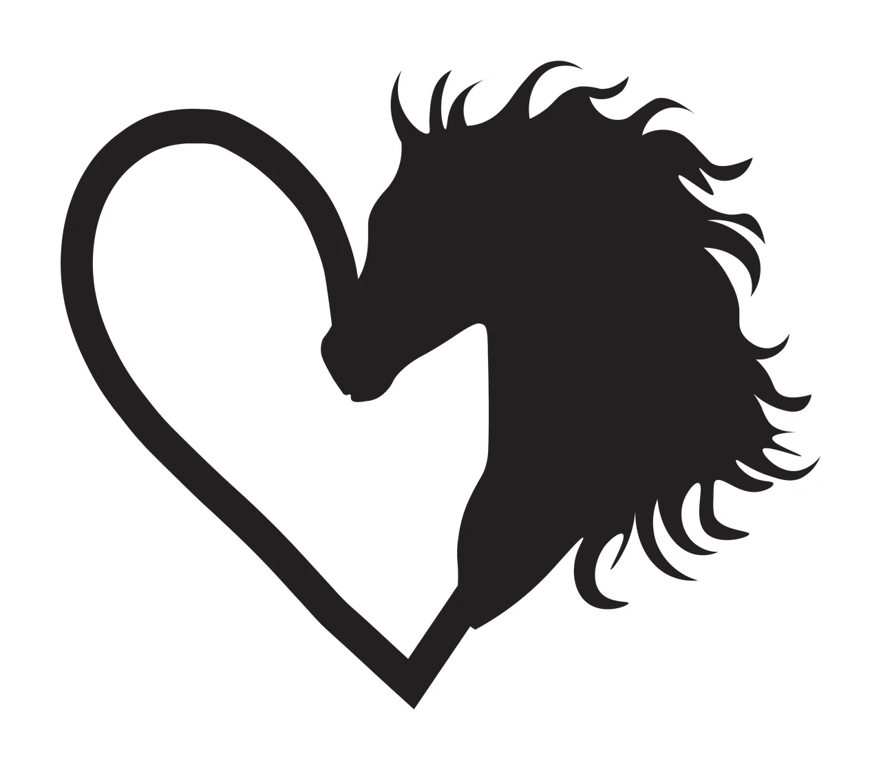 Horse head and heart silhouette Illustration with heart outline and mane in black and white