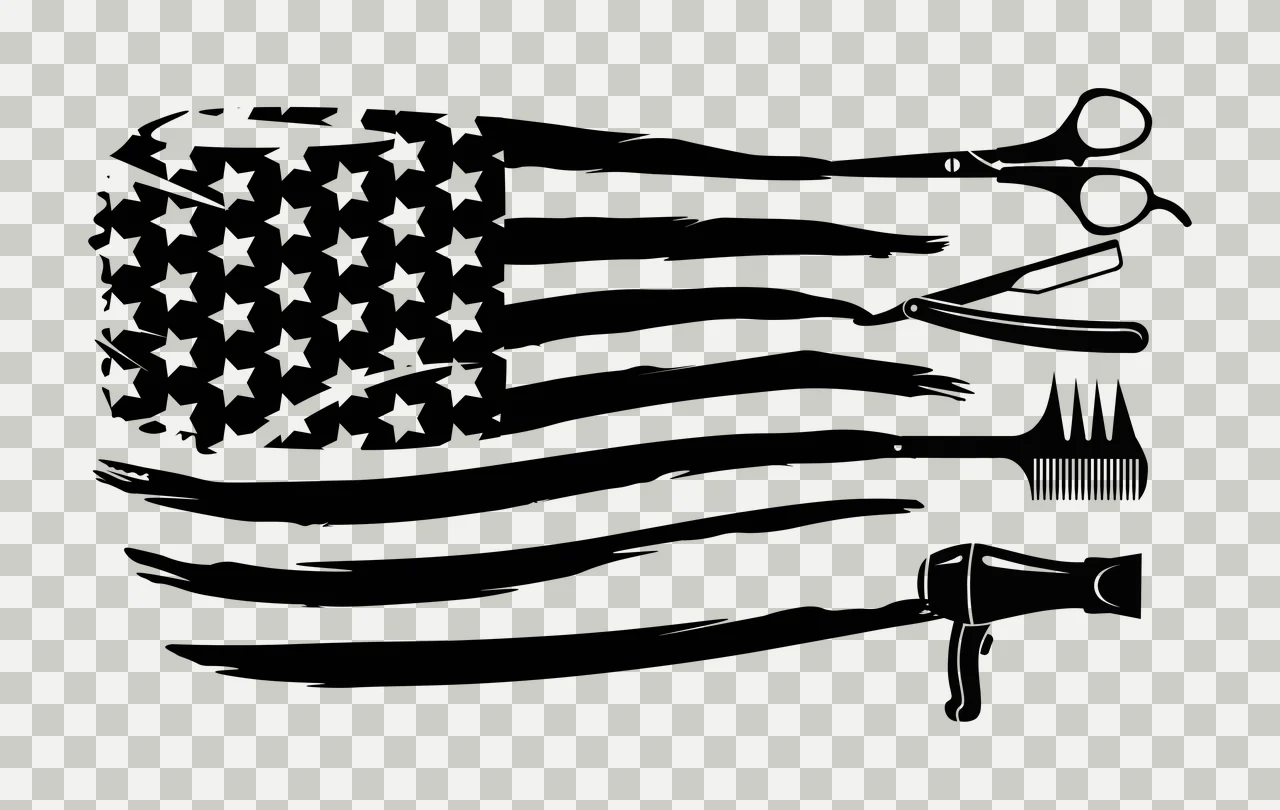 Silhouette Design of American flag styled with barber and hair salon tools with haircutting scissors, straight razor, comb and hair dryer in black and white transparency and detail preview thumbnail