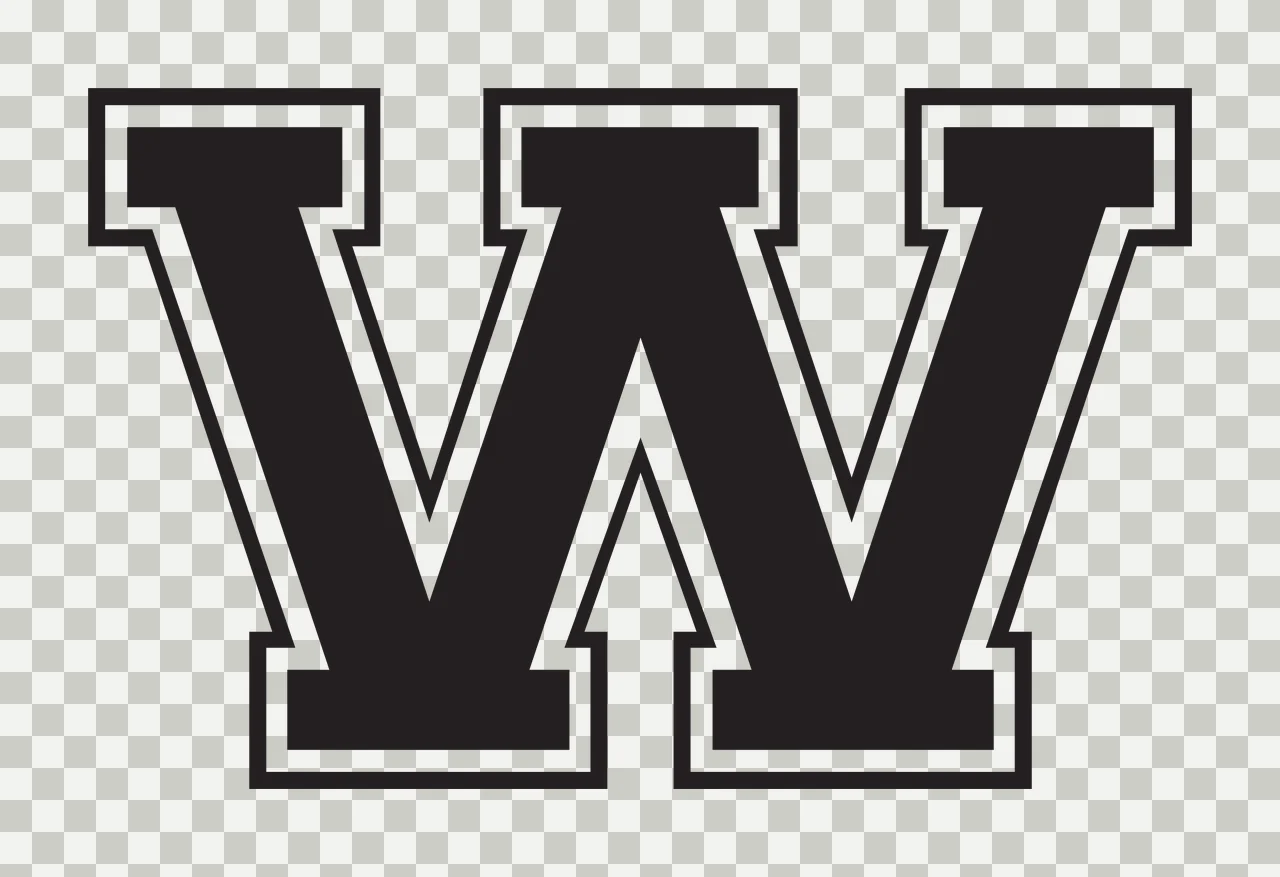 W Letter Design with slab serifs, double border and outline in black and white transparency and detail preview thumbnail