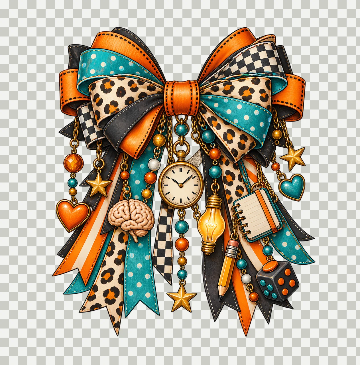 ADHD Awareness PNG, Brain and Clock Coquette Bow, No Text Sublimation Clipart, Transparent Digital Download transparency and detail preview thumbnail