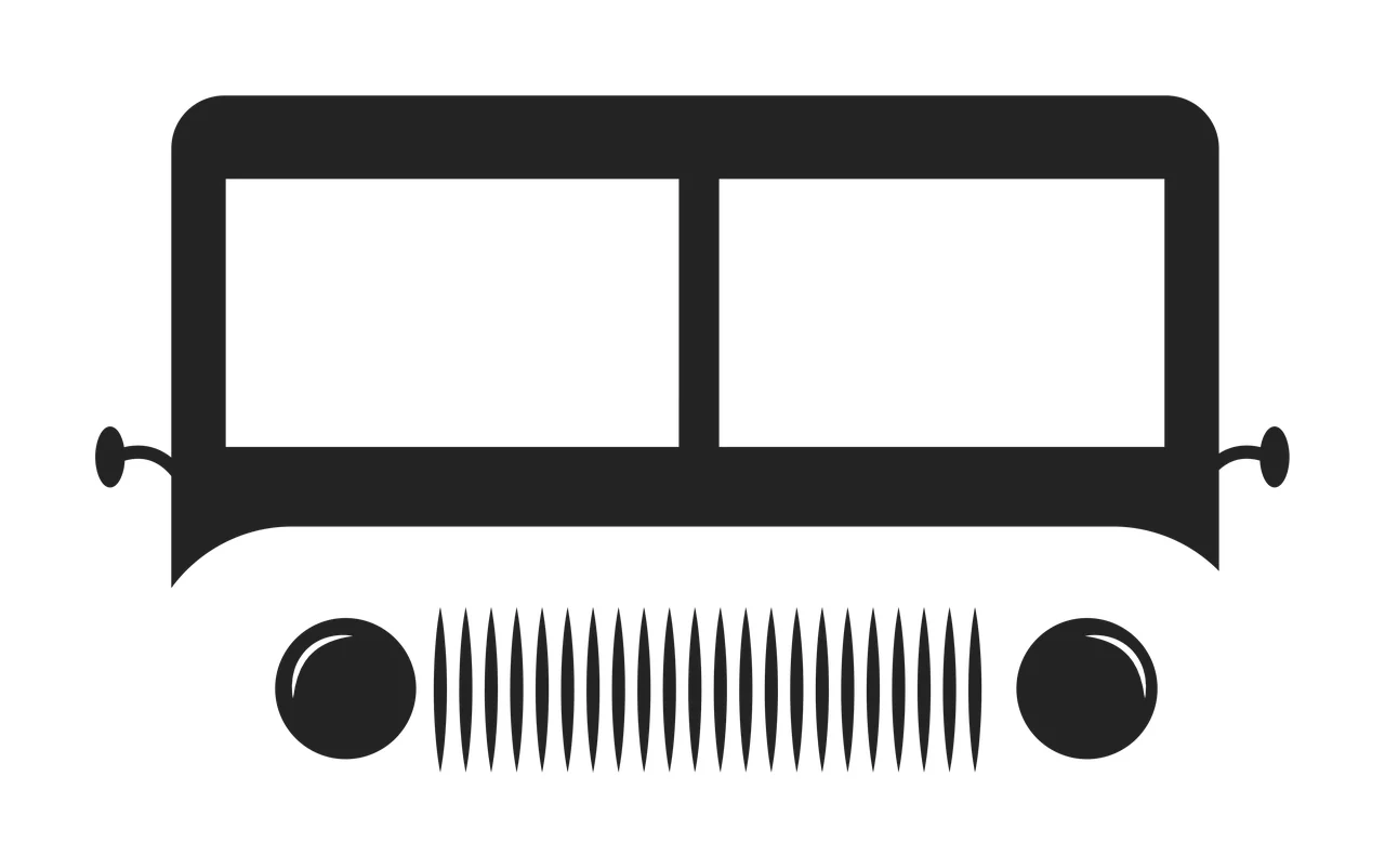 Bus front silhouette Illustration with black bus front, dual rectangular windows, vertical grille and two round headlights in white