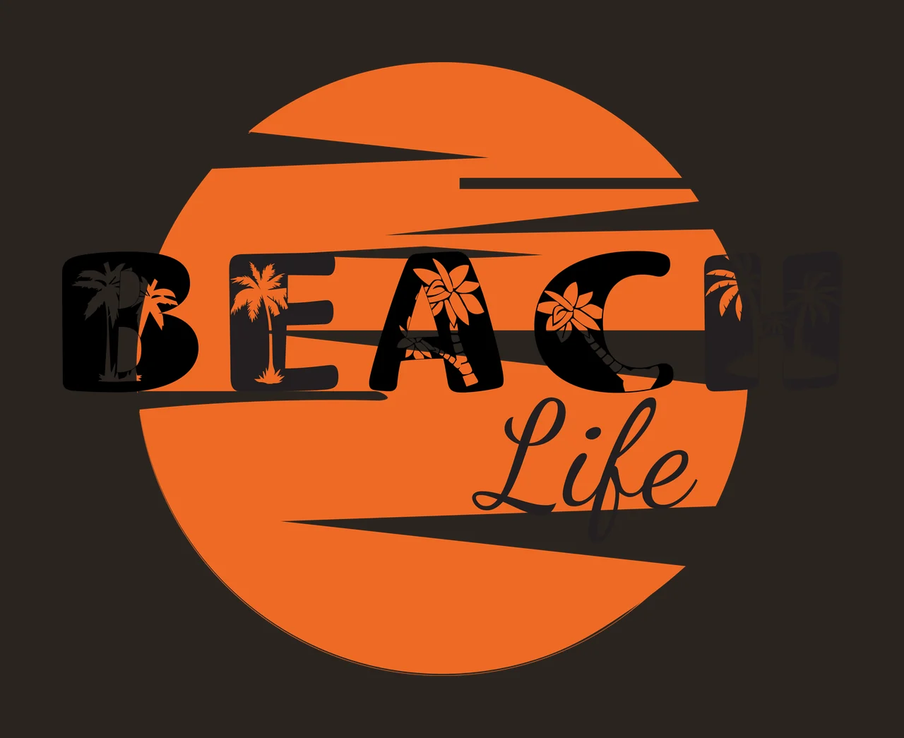 BEACH Life BEACH Life logo design with orange circular sun with white horizontal stripes, black block letters B E A C H, white and orange palm trees and flowers inside letter cutouts and cursive contrast preview thumbnail
