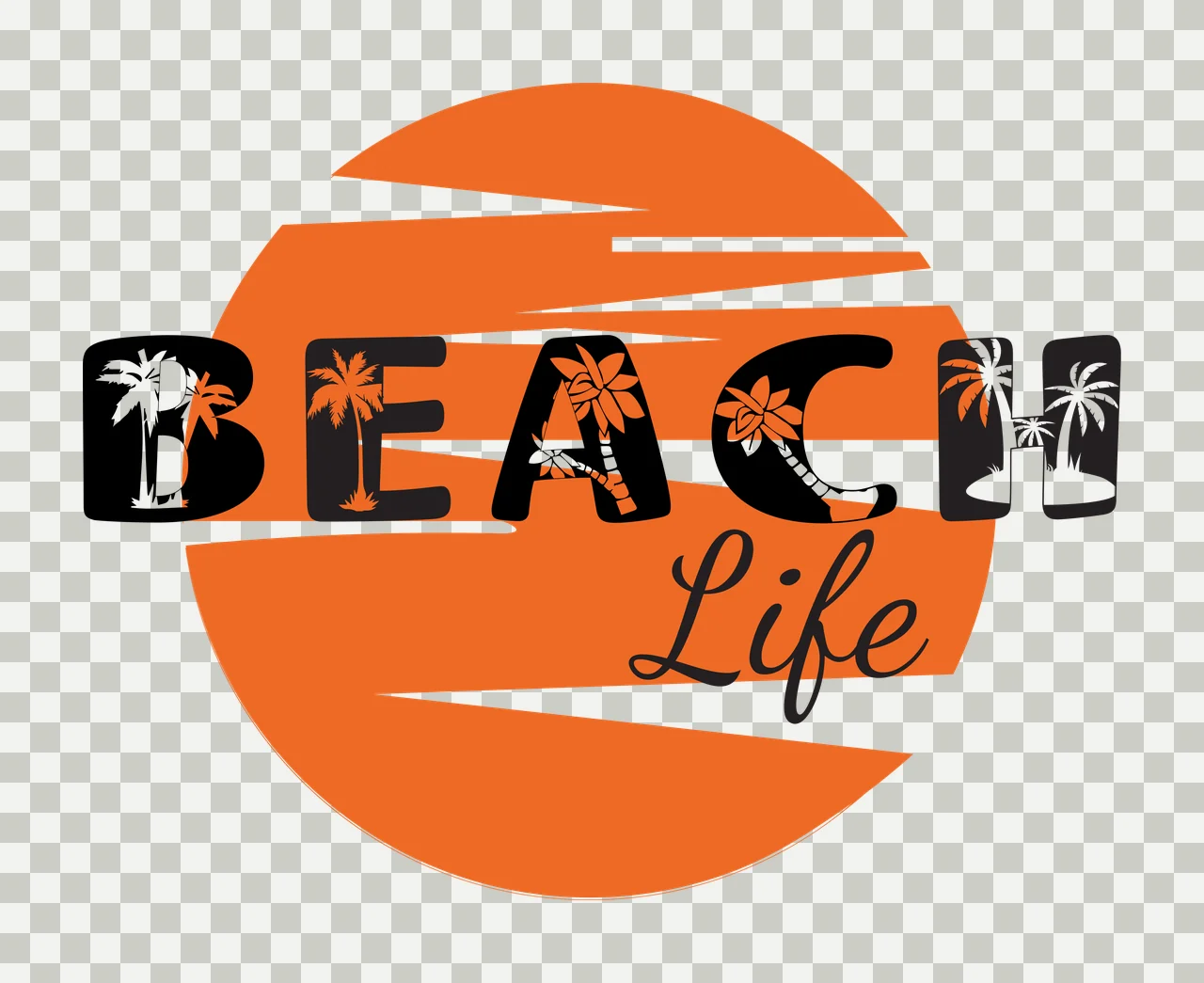 BEACH Life BEACH Life logo design with orange circular sun with white horizontal stripes, black block letters B E A C H, white and orange palm trees and flowers inside letter cutouts and cursive transparency and detail preview thumbnail