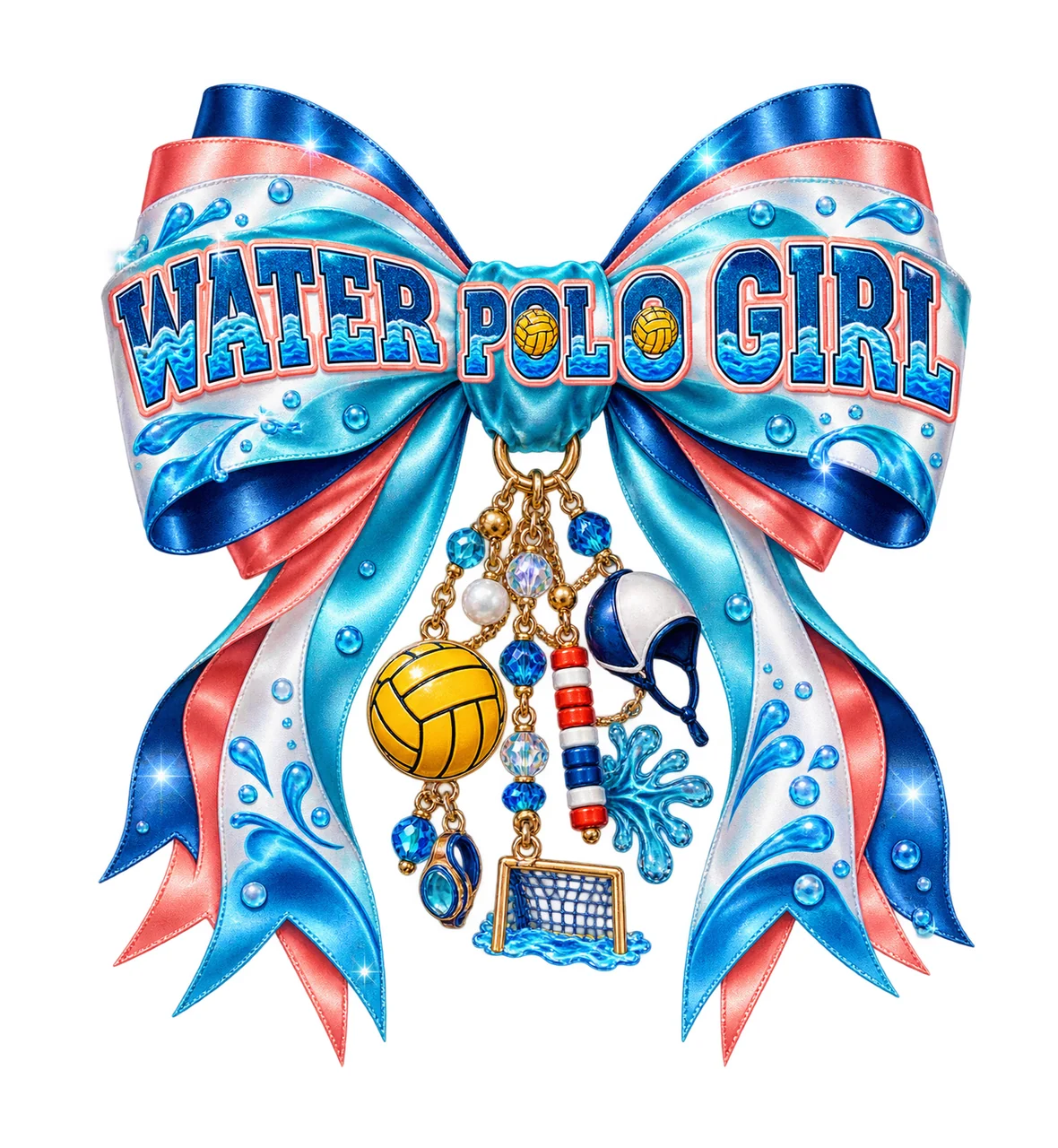 Water Polo Girl Bow Charm PNG, Coquette Ribbon Sublimation, Transparent Digital Download