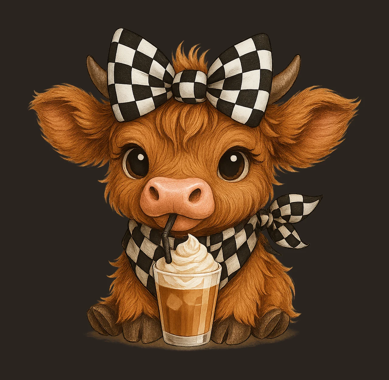Coffee Addict Highland Cow Race checkered bow Kawaii Cow contrast preview thumbnail