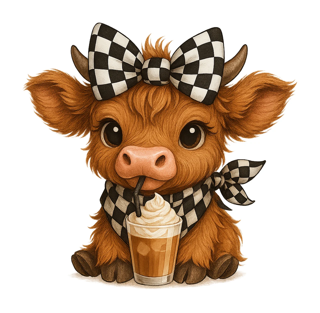 Coffee Addict Highland Cow Race checkered bow Kawaii Cow