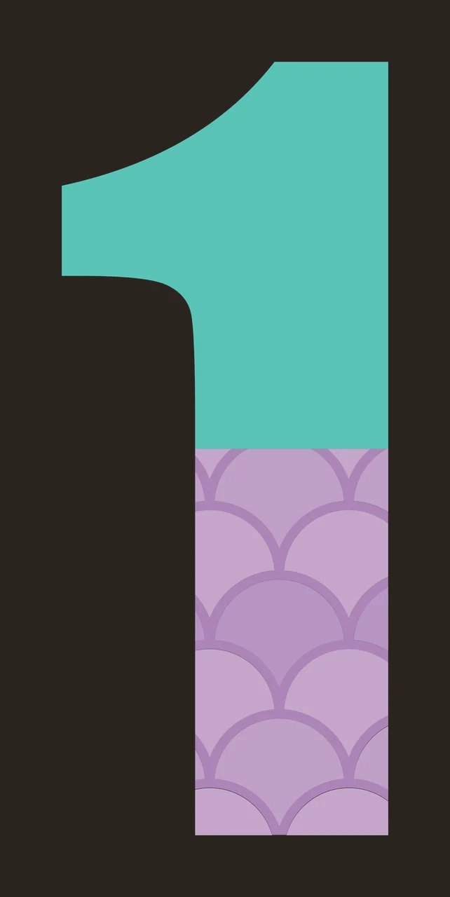 1 Number Design with digit 1, scallop pattern, fish scale pattern and two-tone color block in teal, turquoise and lavender contrast preview thumbnail