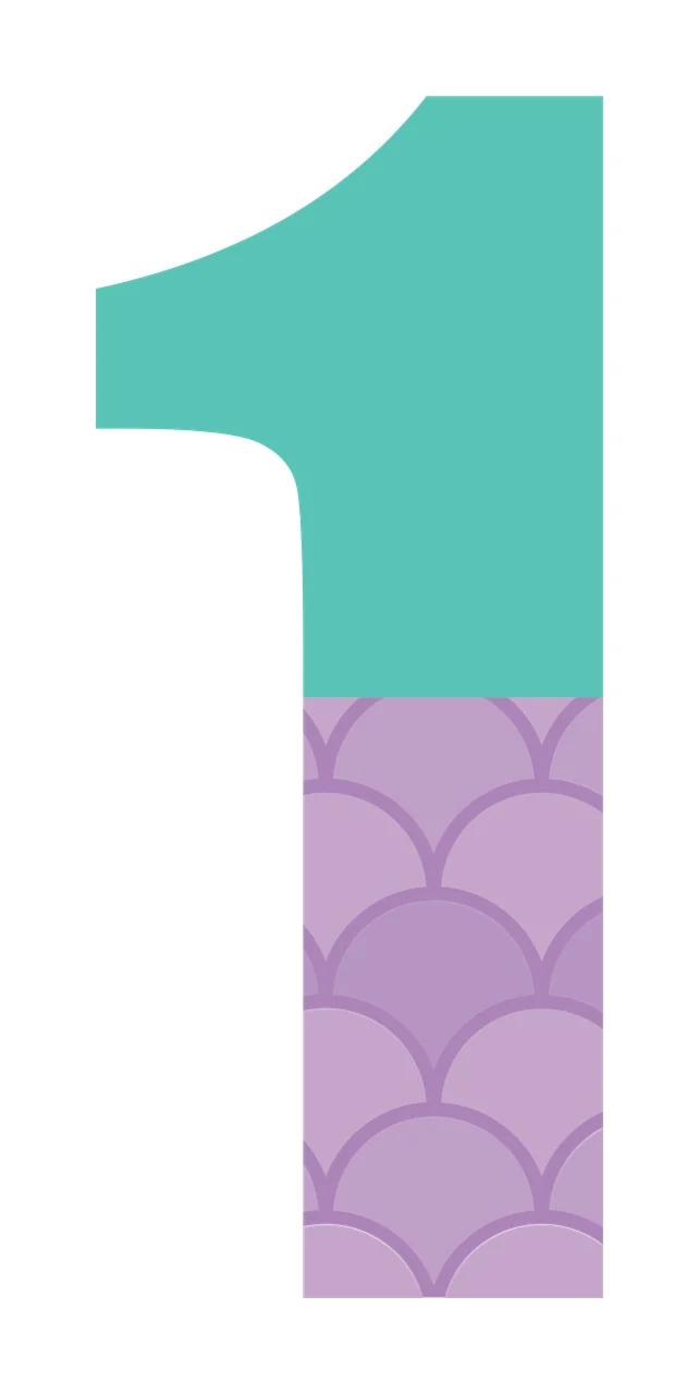 1 Number Design with digit 1, scallop pattern, fish scale pattern and two-tone color block in teal, turquoise and lavender