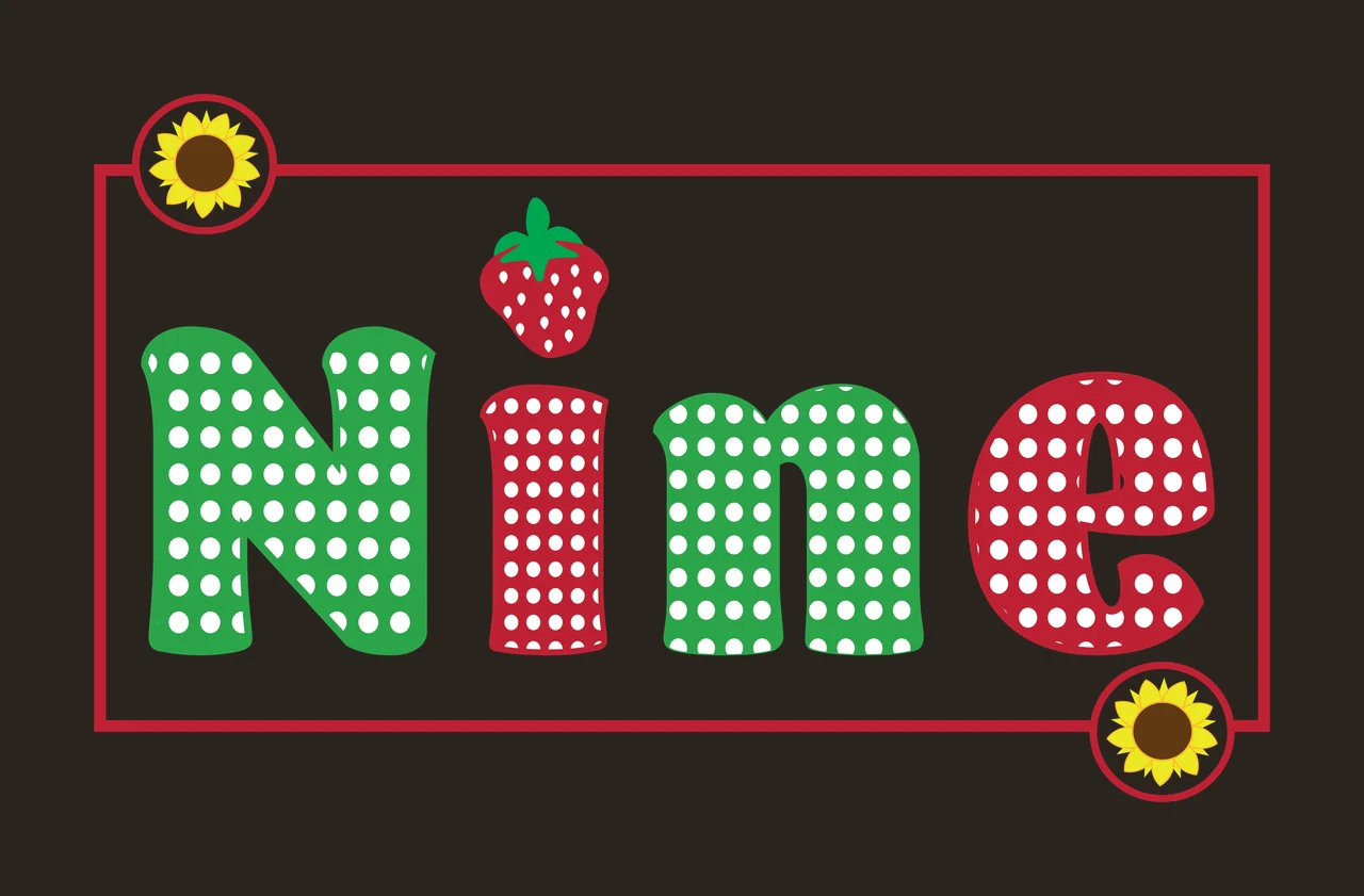 Nine Typography Design with polka dot letters, strawberry icon, sunflower circular emblems and rectangular border in green, red and white contrast preview thumbnail