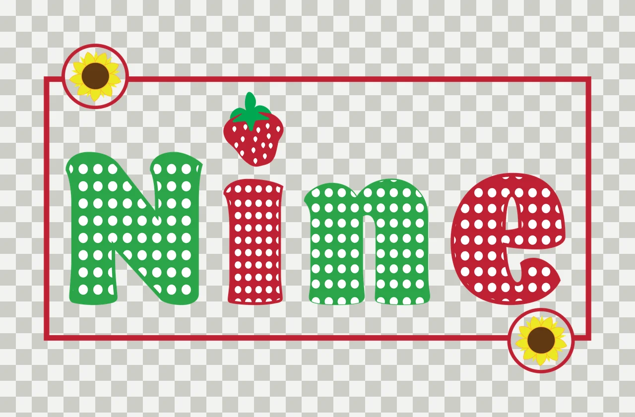 Nine Typography Design with polka dot letters, strawberry icon, sunflower circular emblems and rectangular border in green, red and white transparency and detail preview thumbnail
