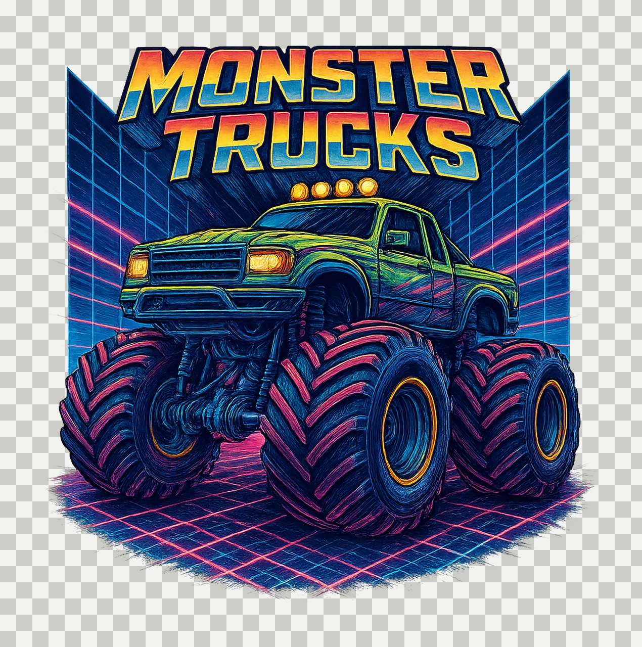 Neon Monster Truck Shirt Design Retro 80s Style Racing transparency and detail preview thumbnail