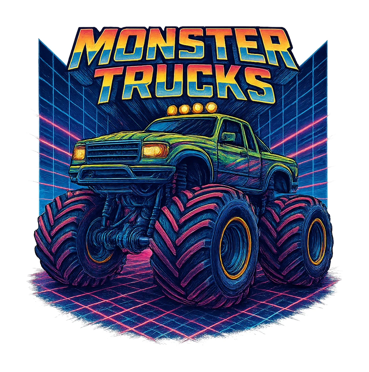 Neon Monster Truck Shirt Design Retro 80s Style Racing