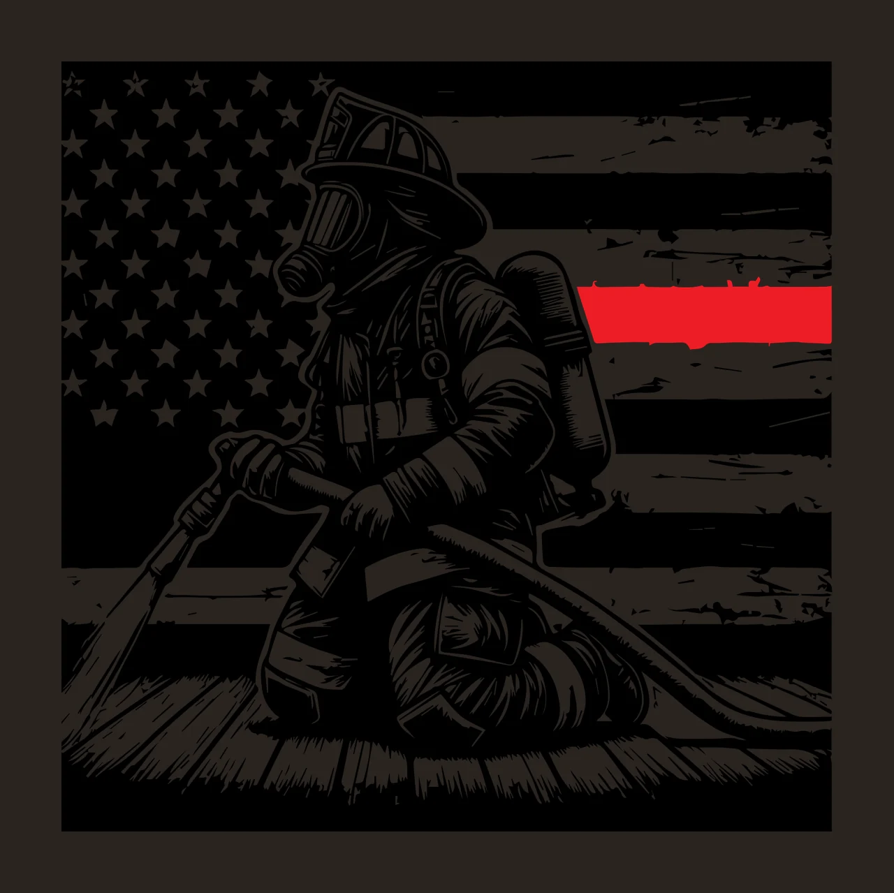 Flag Firefighter Silhouette spraying water hose helmet oxygen tank contrast preview thumbnail