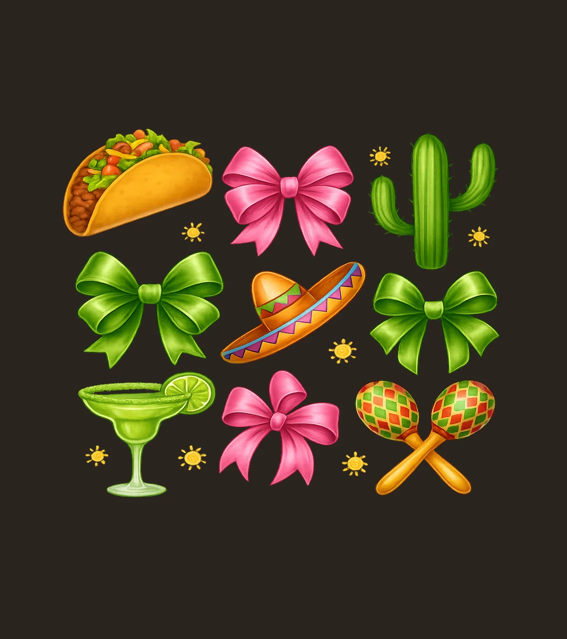 Fiesta Symbols With Taco And Bows In Black cactus sombrero contrast preview thumbnail