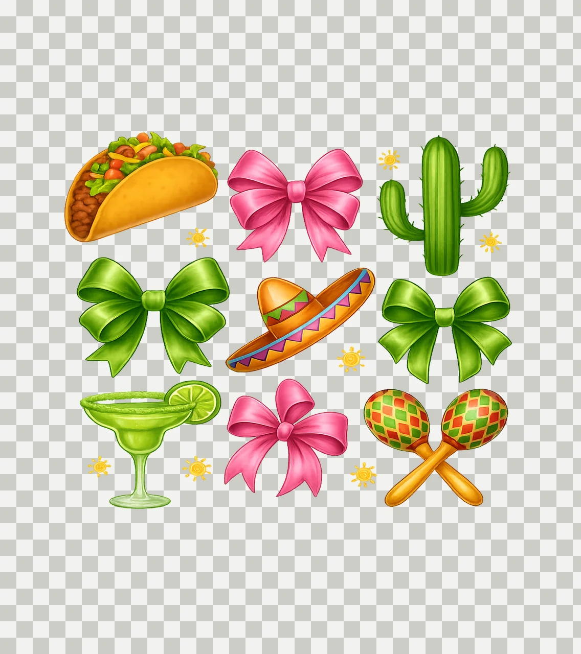Fiesta Symbols With Taco And Bows In Black cactus sombrero transparency and detail preview thumbnail