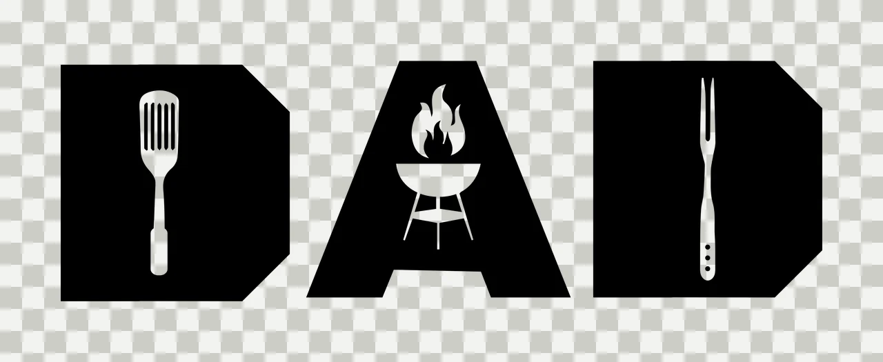 DAD Typography Design with spatula, barbecue grill, flames and fork in black and white transparency and detail preview thumbnail